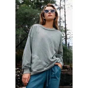 Free People Movement oversized mineral wash olive gray color sweatshirt